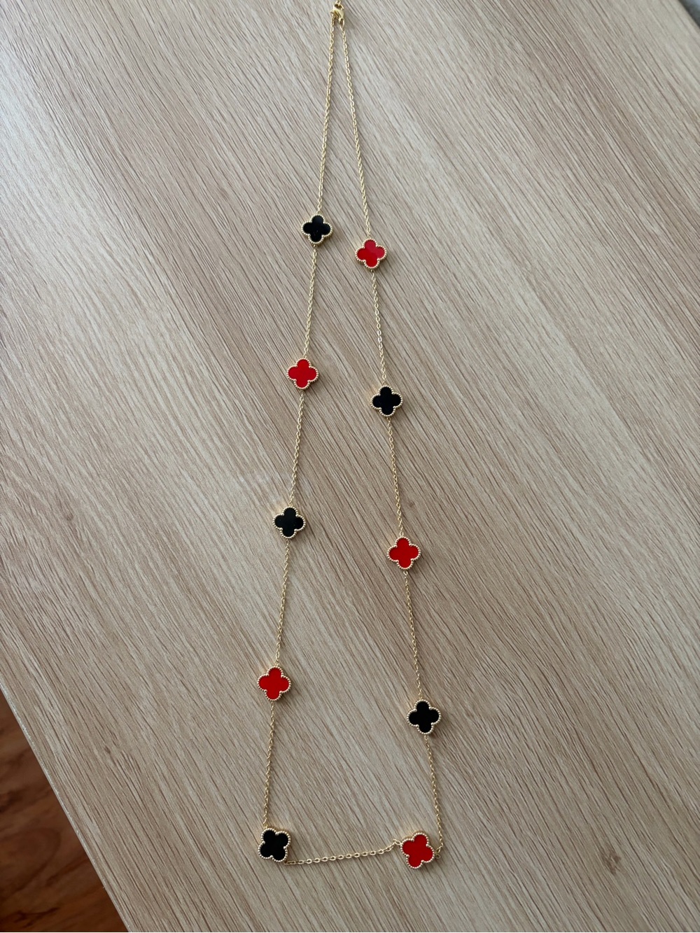 Gold Chain Necklace with Red and Black Clover Charms